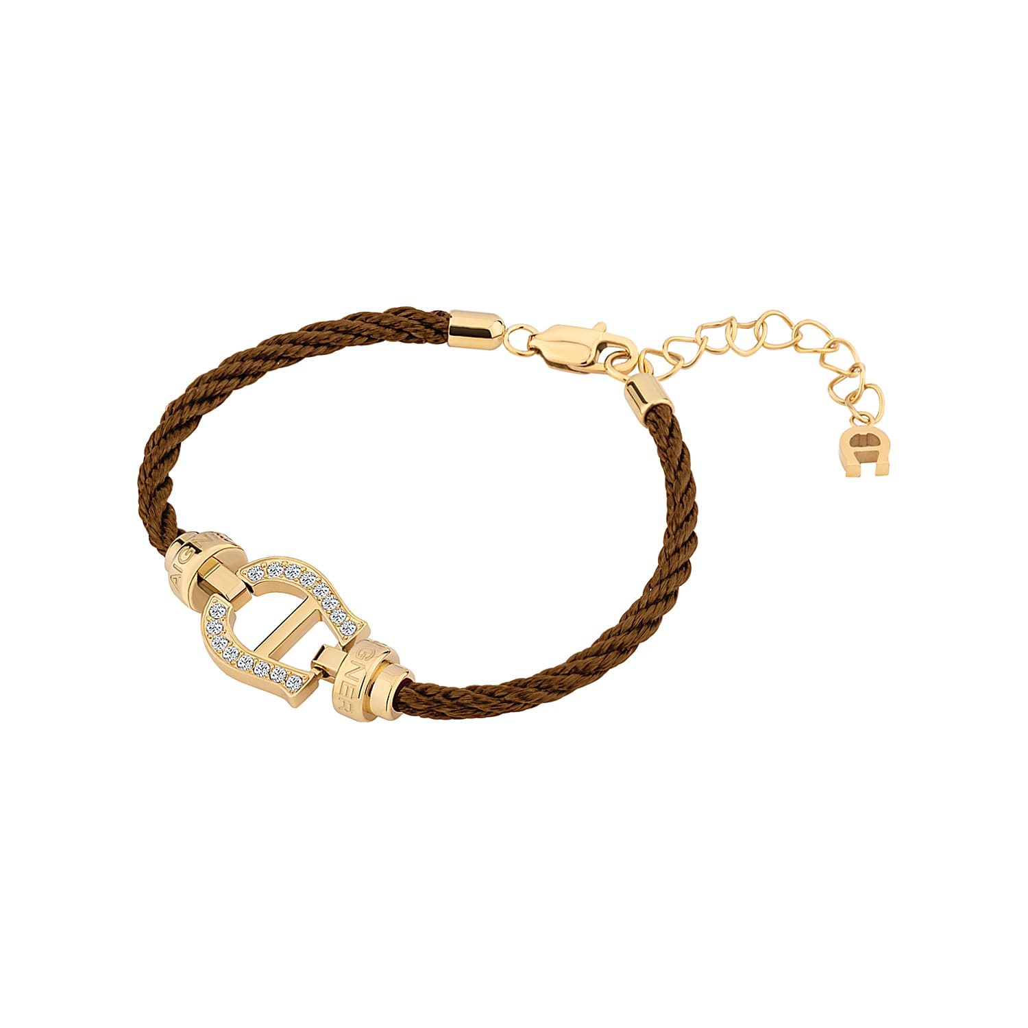 bracelet with logo and brown silk cord