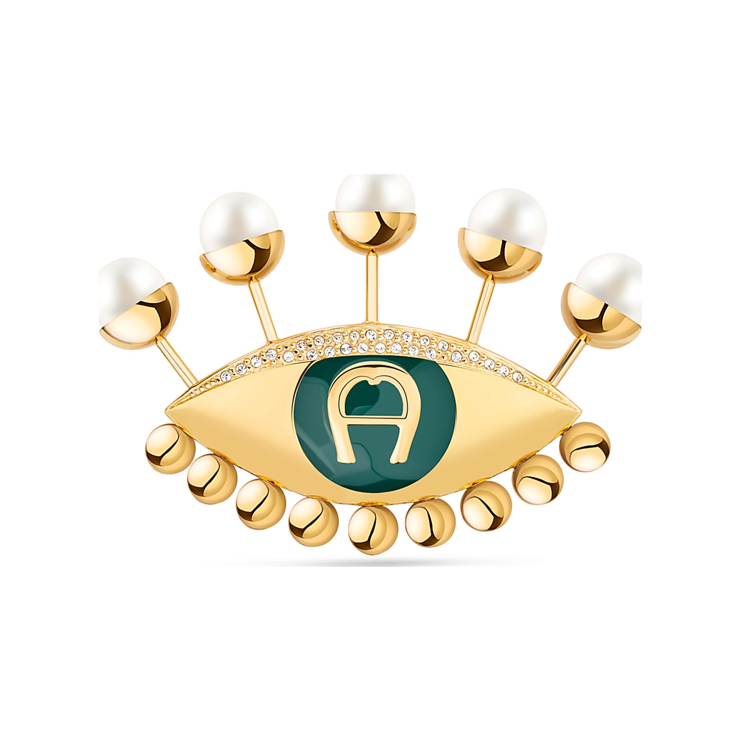Brooch A-logo green with pearls and crystals