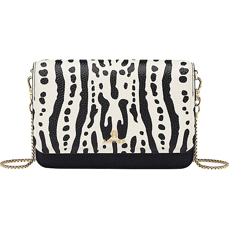 Wallet on chain - Shiny grained calfskin, strass & gold-tone metal, white —  Fashion
