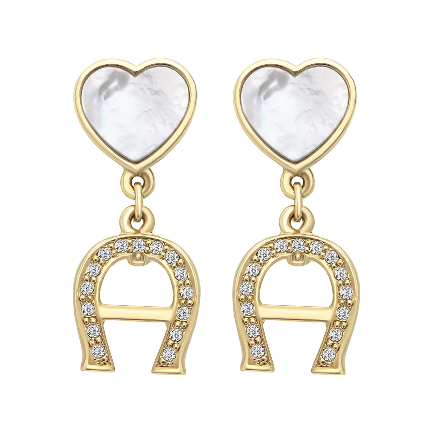 A-Logo Ohrringe mit Herzen und Schmucksteinen Gold