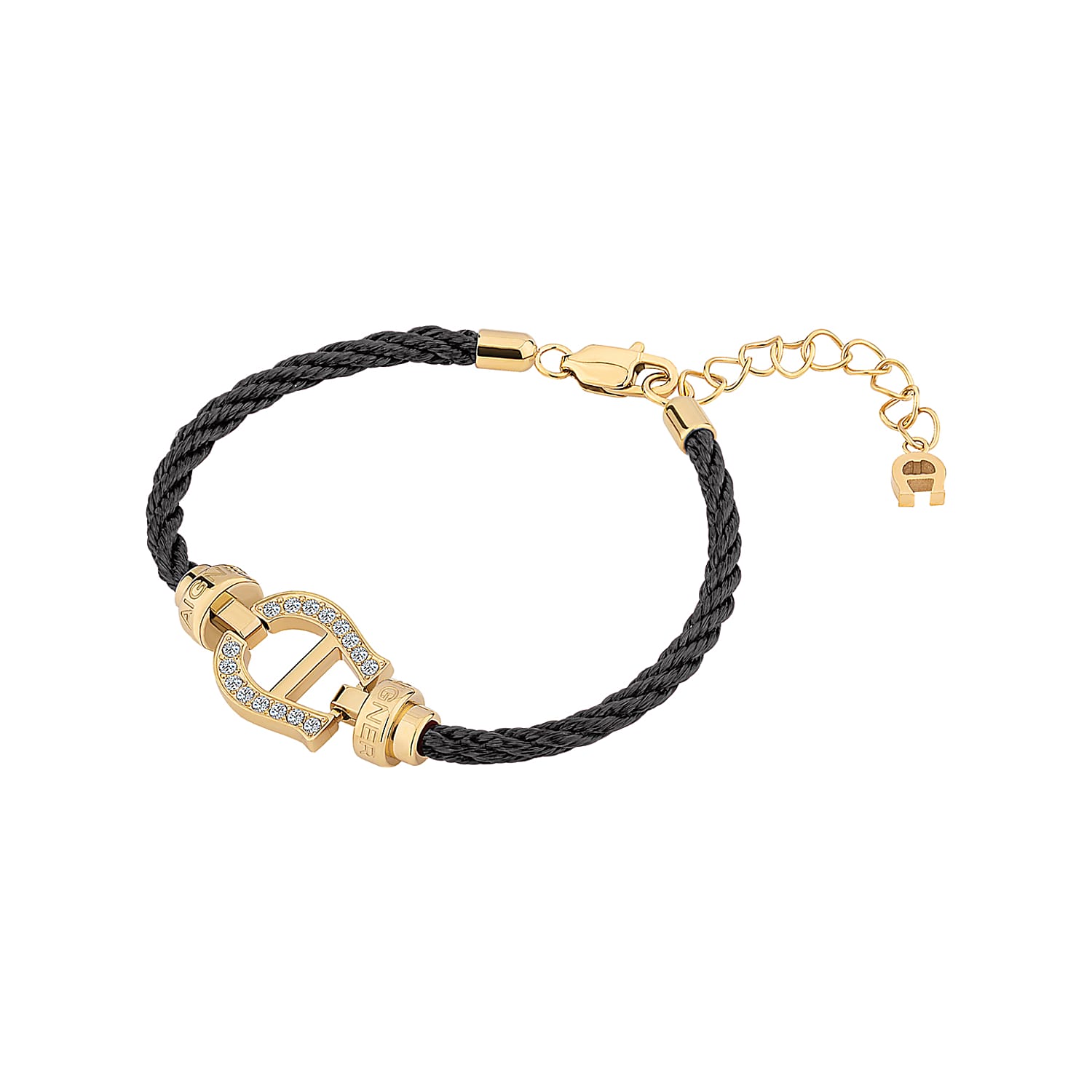bracelet with logo and black silk cord