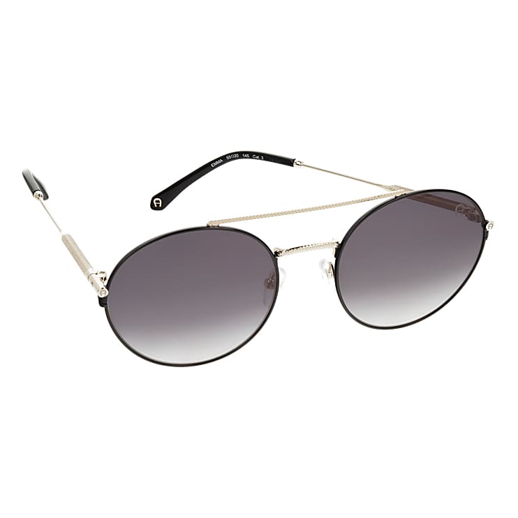 Aigner Damen Emma Sonnenbrille runde Gläser Eine klassische mit runden Gläsern und\neinem kurzen und längerem Steg zwischen den Gläsern,\nder für einen besonders hohen Coolness Faktor sorgt.\nZwei Nasenflügel sorgen angenehmen Tragekomfort.\nDas Gestell ist aus goldfarbenem Edelstahl, hergestellt. in Schwarz OG