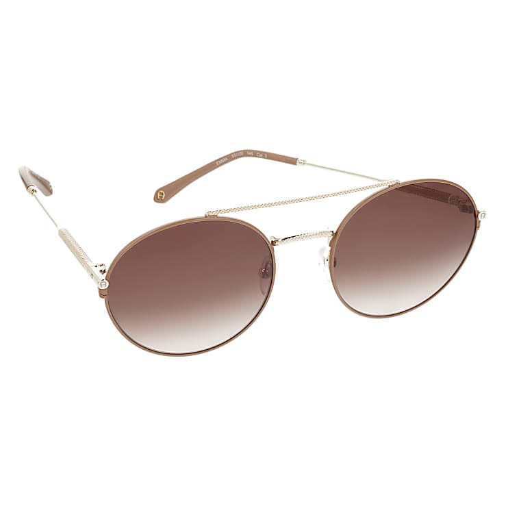Aigner Damen Emma Sonnenbrille runde Gläser Eine klassische mit runden Gläsern und\neinem kurzen und längerem Steg zwischen den Gläsern,\nder für einen besonders hohen Coolness Faktor sorgt.\nZwei Nasenflügel sorgen angenehmen Tragekomfort.\nDas Gestell ist aus goldfarbenem Edelstahl, hergestellt. in Grau OG