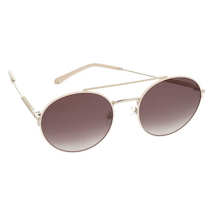 Aigner Damen Emma Sonnenbrille runde Gläser Eine klassische mit runden Gläsern und\neinem kurzen und längerem Steg zwischen den Gläsern,\nder für einen besonders hohen Coolness Faktor sorgt.\nZwei Nasenflügel sorgen angenehmen Tragekomfort.\nDas Gestell ist aus goldfarbenem Edelstahl, hergestellt. in Weiß OG